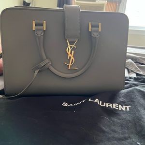 Beautiful and NEW Oyster Gray and Gold YSL Bag MNG Cabas, Vitello, Piumotto